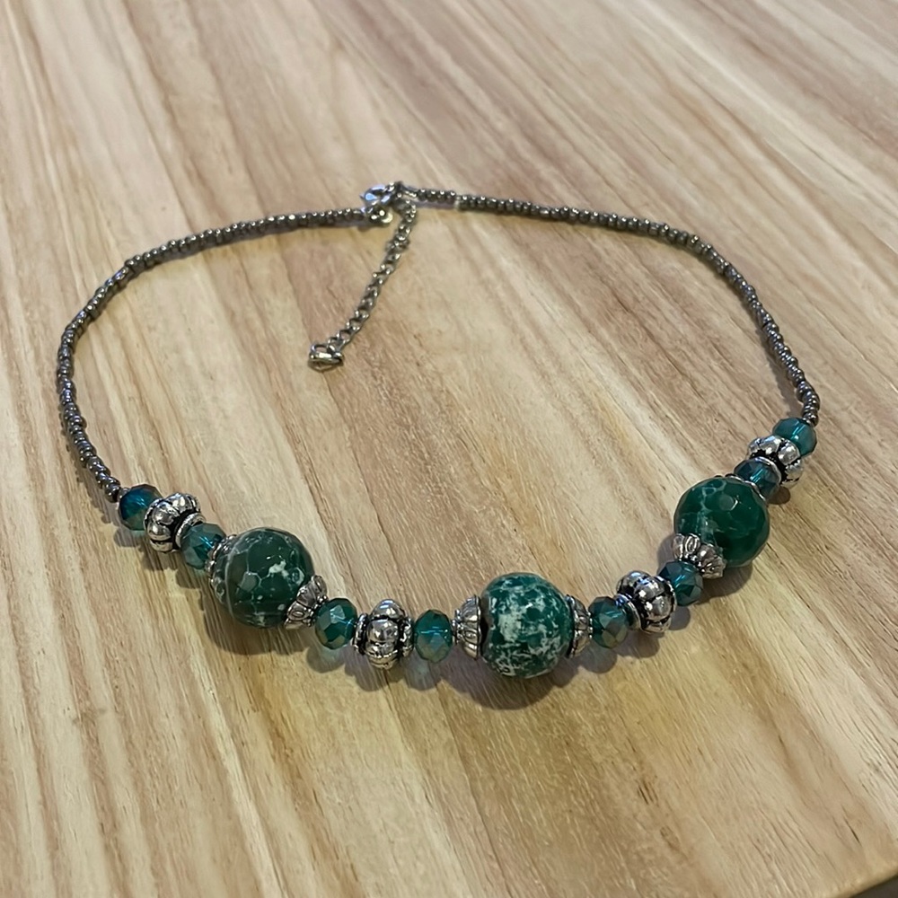 Gunmetal Necklace with Green Stones